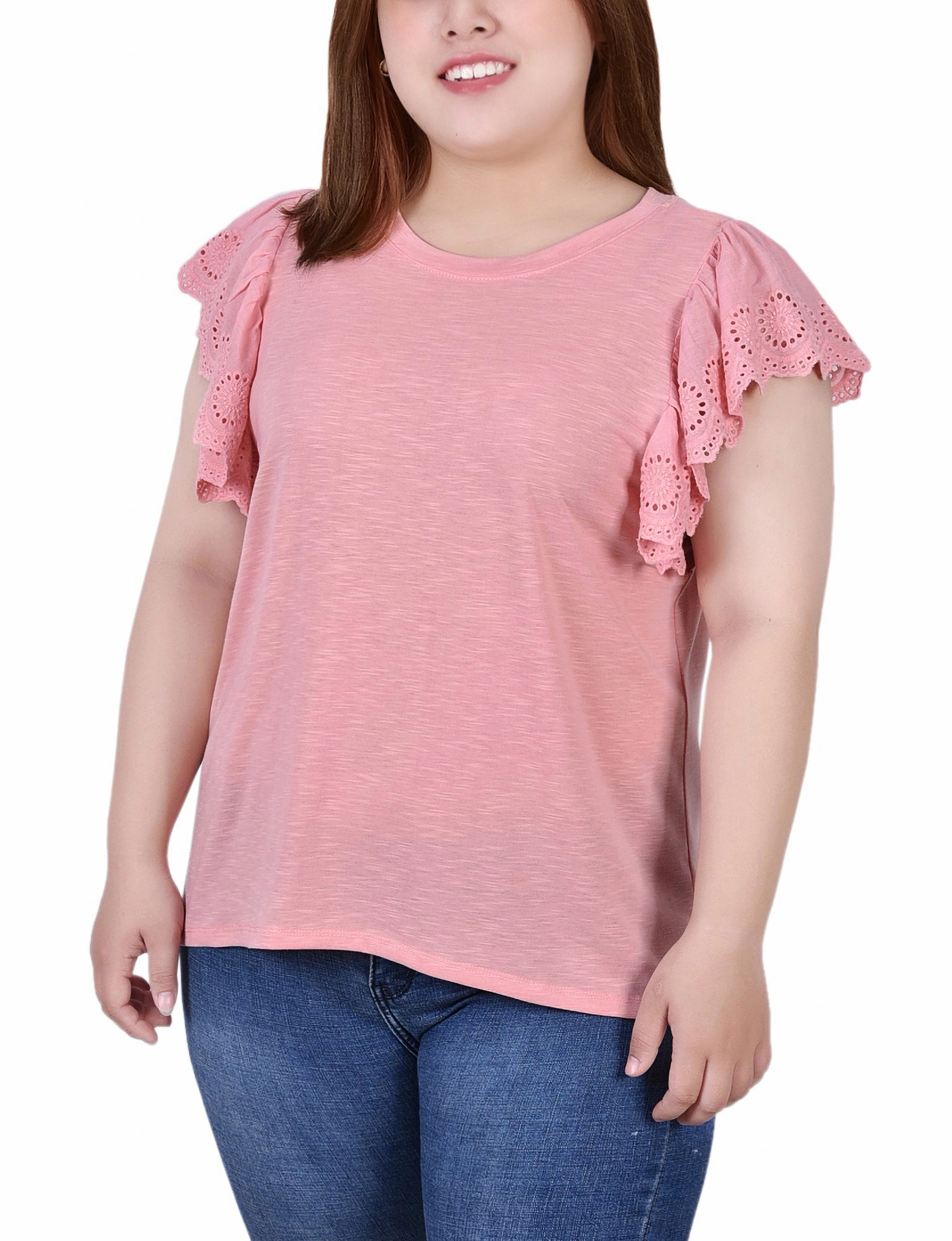 Layered Collar Design Plus Size Flutter Sleeve Slub Knit Top