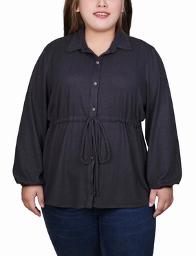 Plus Size Long Dolman Sleeve Drawstring-Waist Tunic Top RawHemDetail