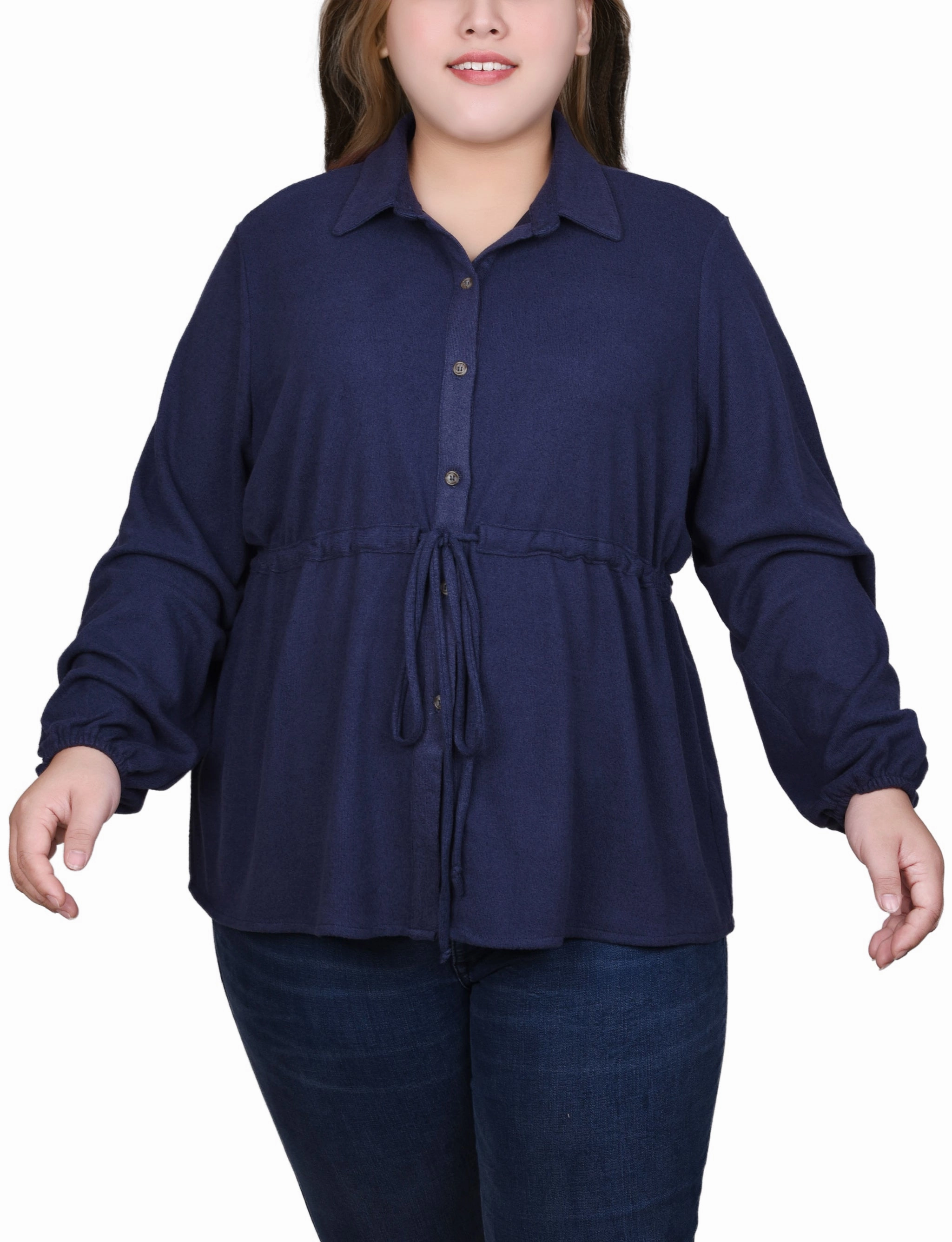 Plus Size Long Dolman Sleeve Drawstring-Waist Tunic Top AdjustableHem
