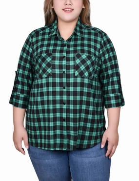 Plus Size Long Sleeve Button Front Tunic Top SoftLining V-neck Blouse