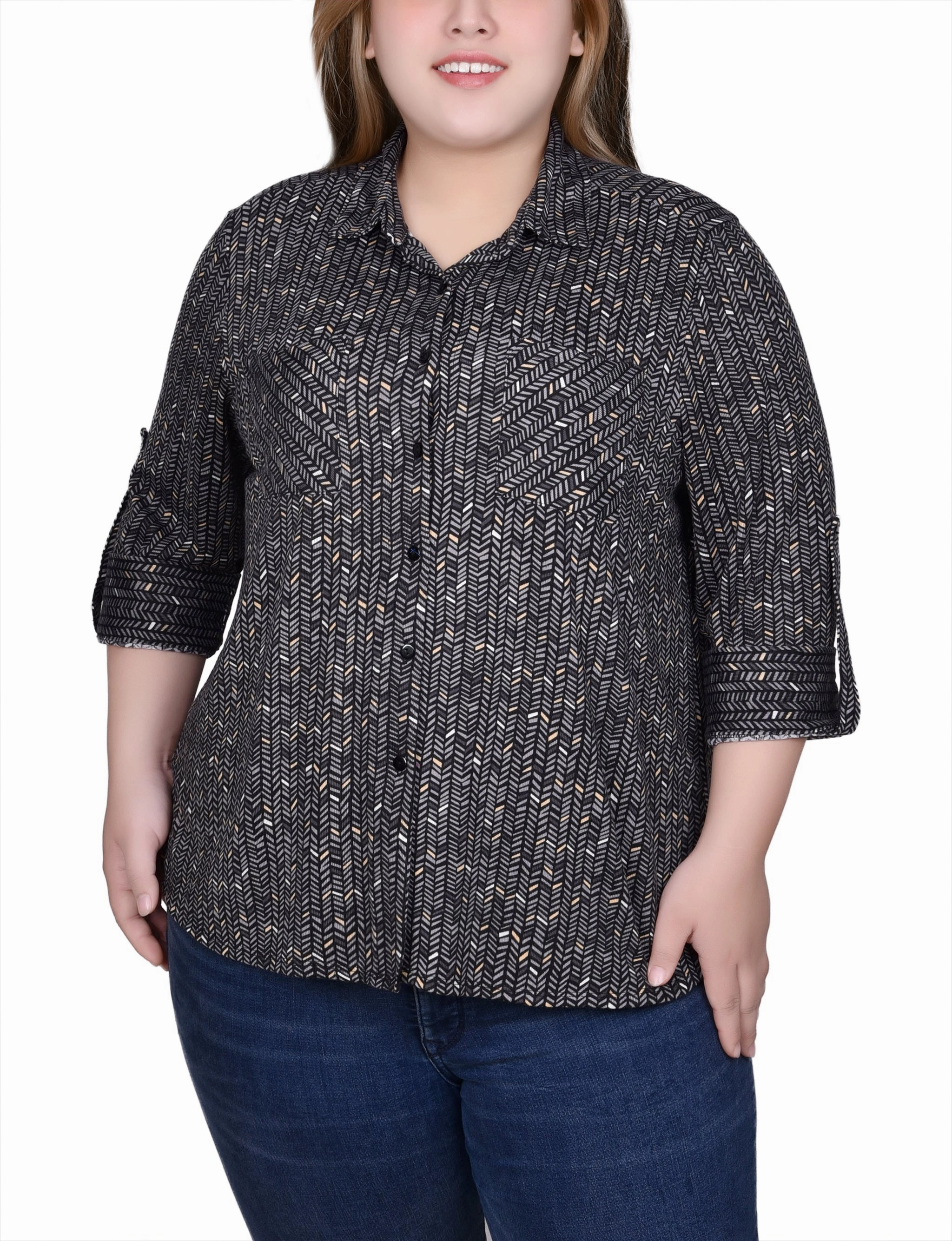 Bonded Seam Technique GarmentWashed Texture Plus Size Long Sleeve Button Front Tunic Top