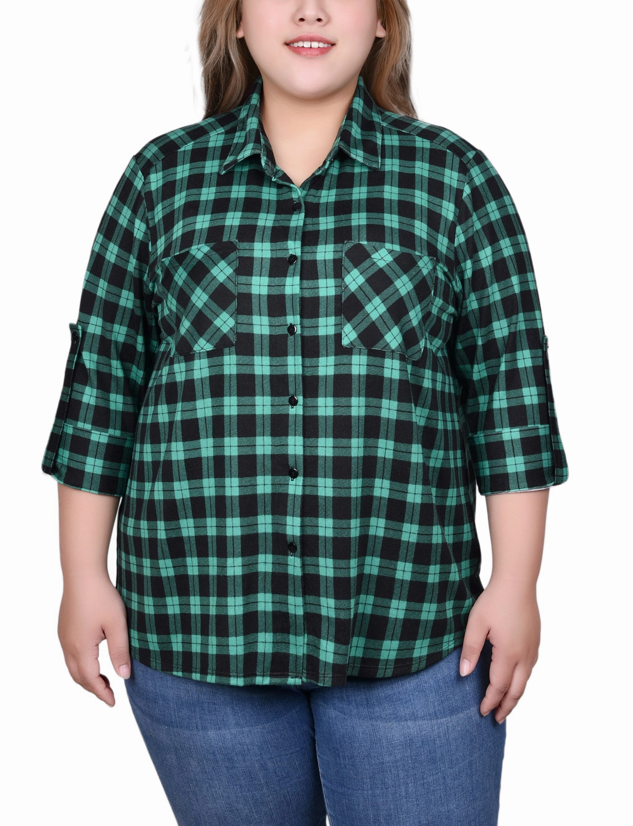 Plus Size Long Sleeve Button Front Tunic Top SoftLining V-neck Blouse