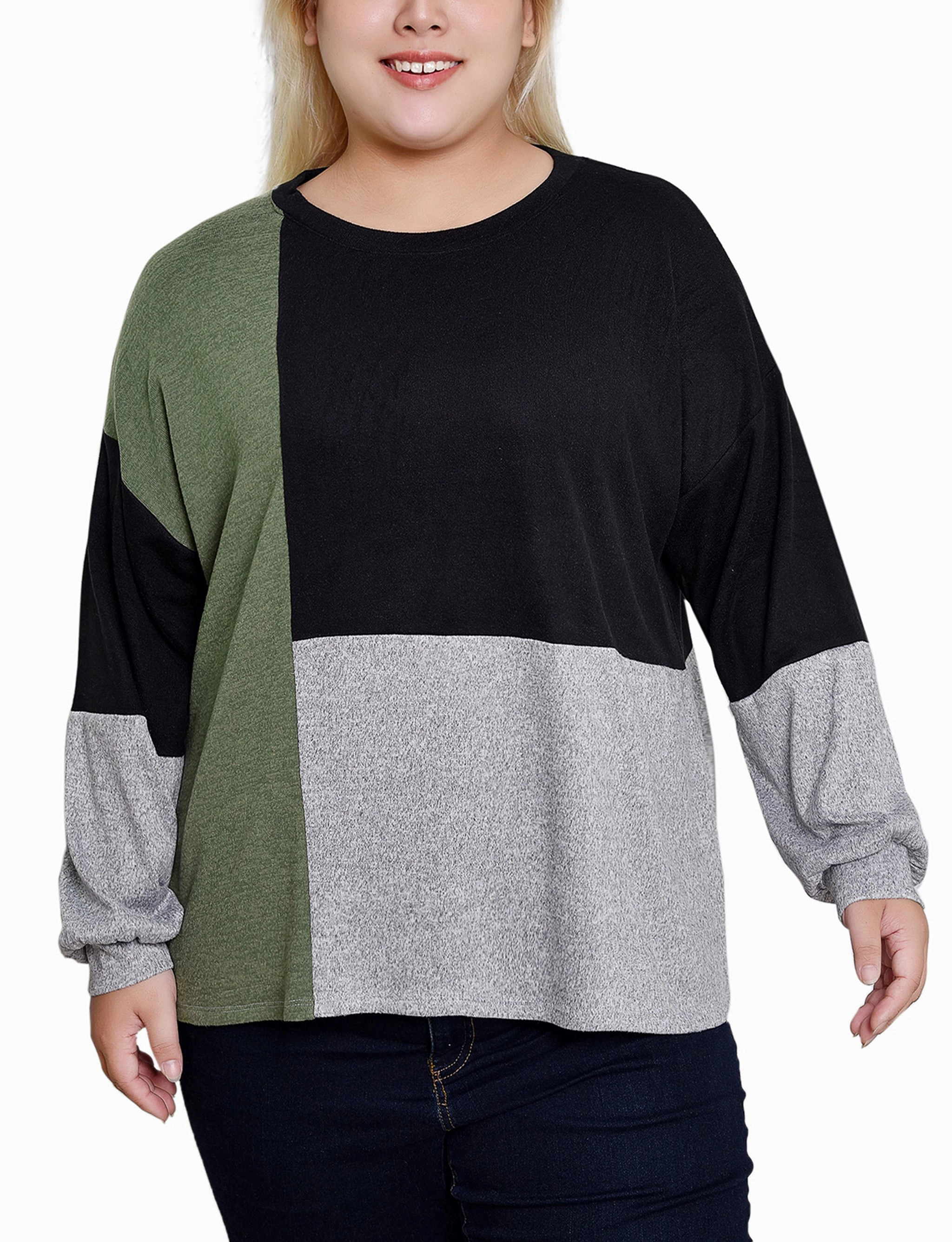 Double Needle Stitching Distressed Texture Plus Size Long Sleeve Colorblocked Top