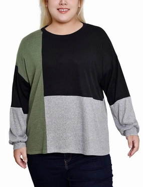 AllDay Comfort Compression Fit Engineering Plus Size Long Sleeve Colorblocked Top