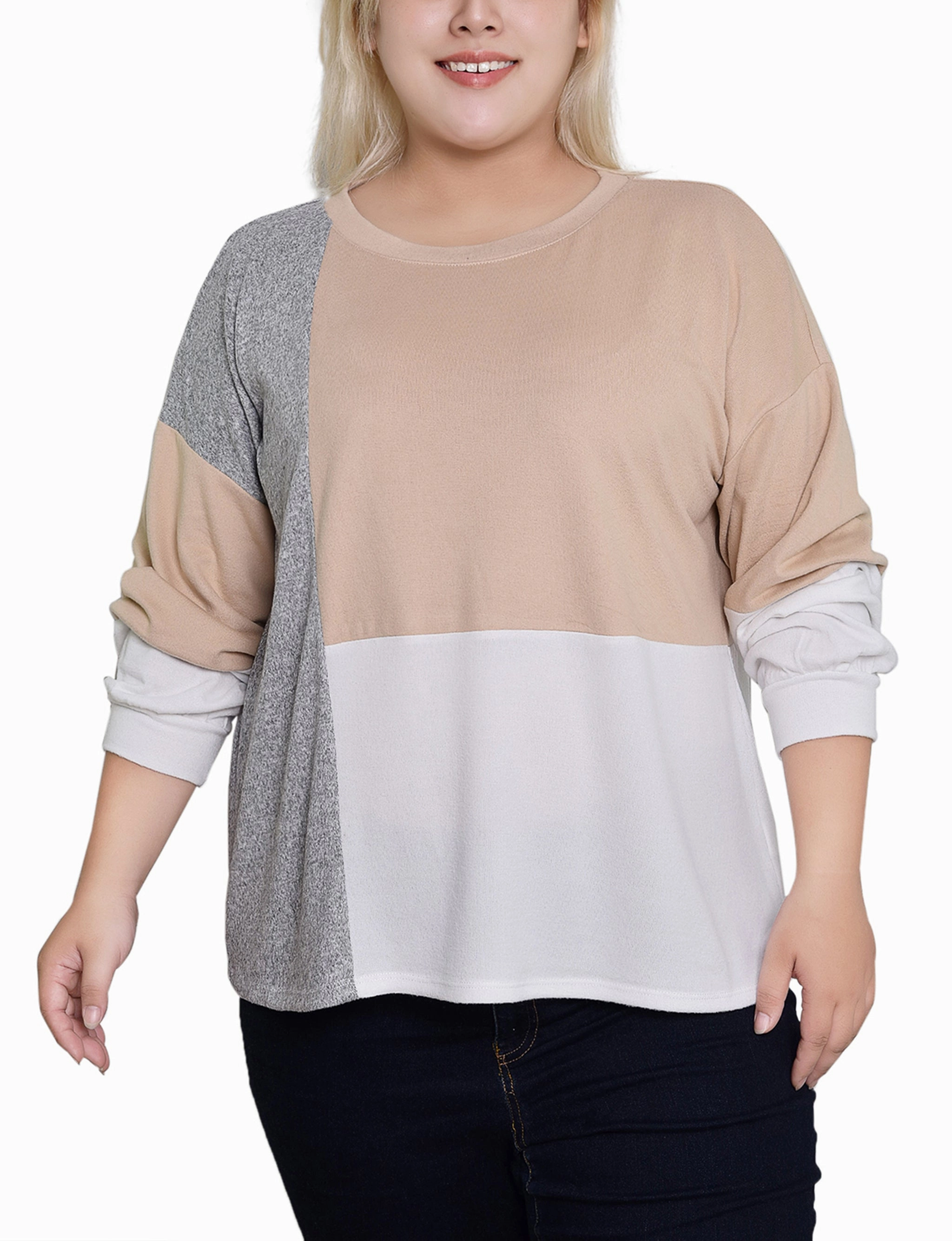 Plus Size Long Sleeve Colorblocked Top Flexible Shoulder Gusset