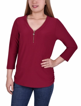 Plus Size Long Sleeve Crepe Knit V Neck Top With Zipper PocketDetails