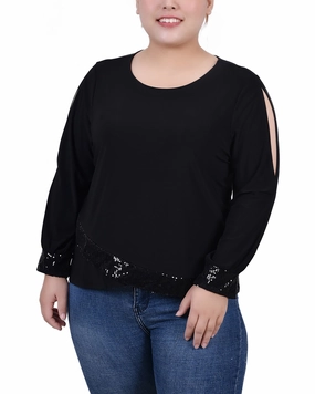 DoubleLayeredShoulders Four Way Stretch Material Plus Size Long Sleeve Knit Top With Sequin Hem