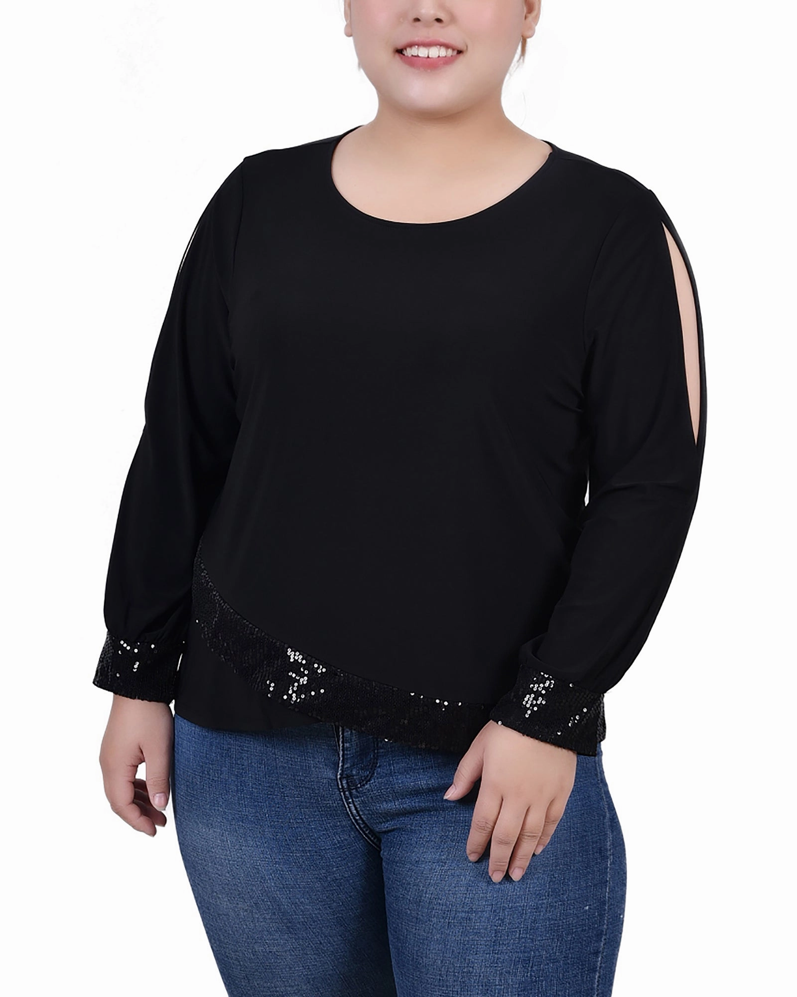 CrossGrain Fabric Plus Size Long Sleeve Knit Top With Sequin Hem