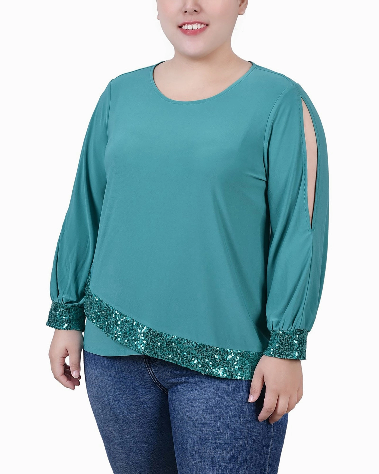 Sporty Sweatshirt Raglan Sleeve Plus Size Long Sleeve Knit Top With Sequin Hem