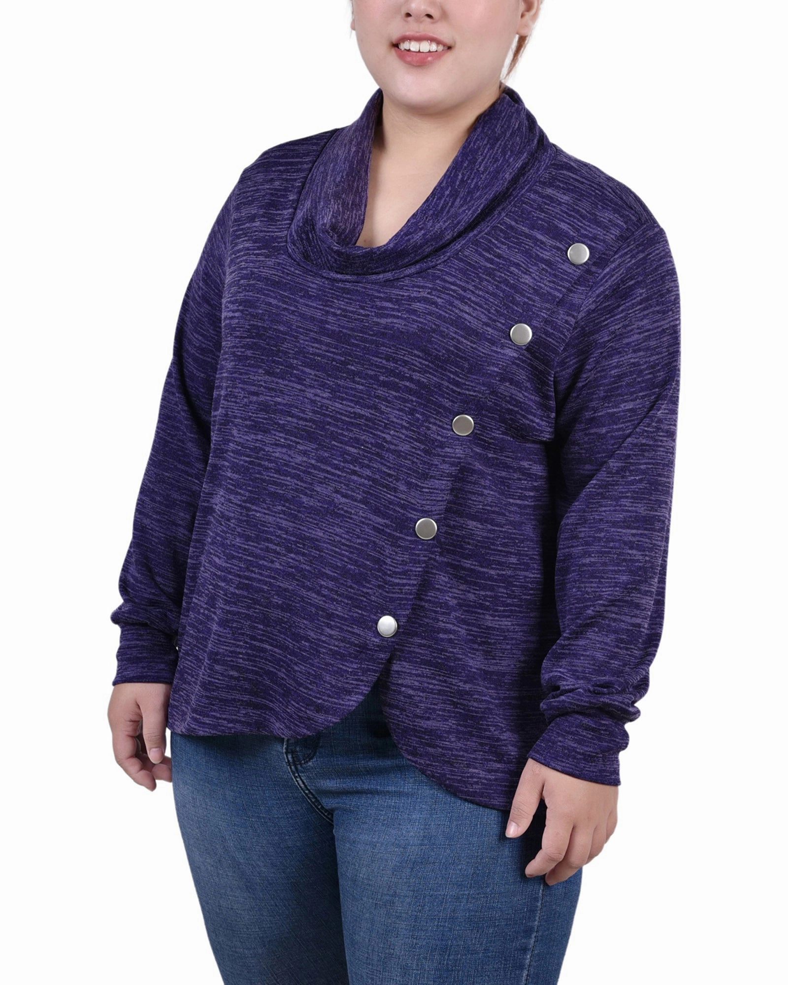 Plus Size Long Sleeve Overlapping Cowl Neck Top Double Layered Fabric Low Profile Zipper Closure