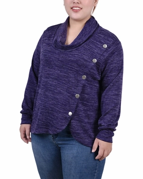 Shape Retention Fabric VentilatedBack Plus Size Long Sleeve Overlapping Cowl Neck Top