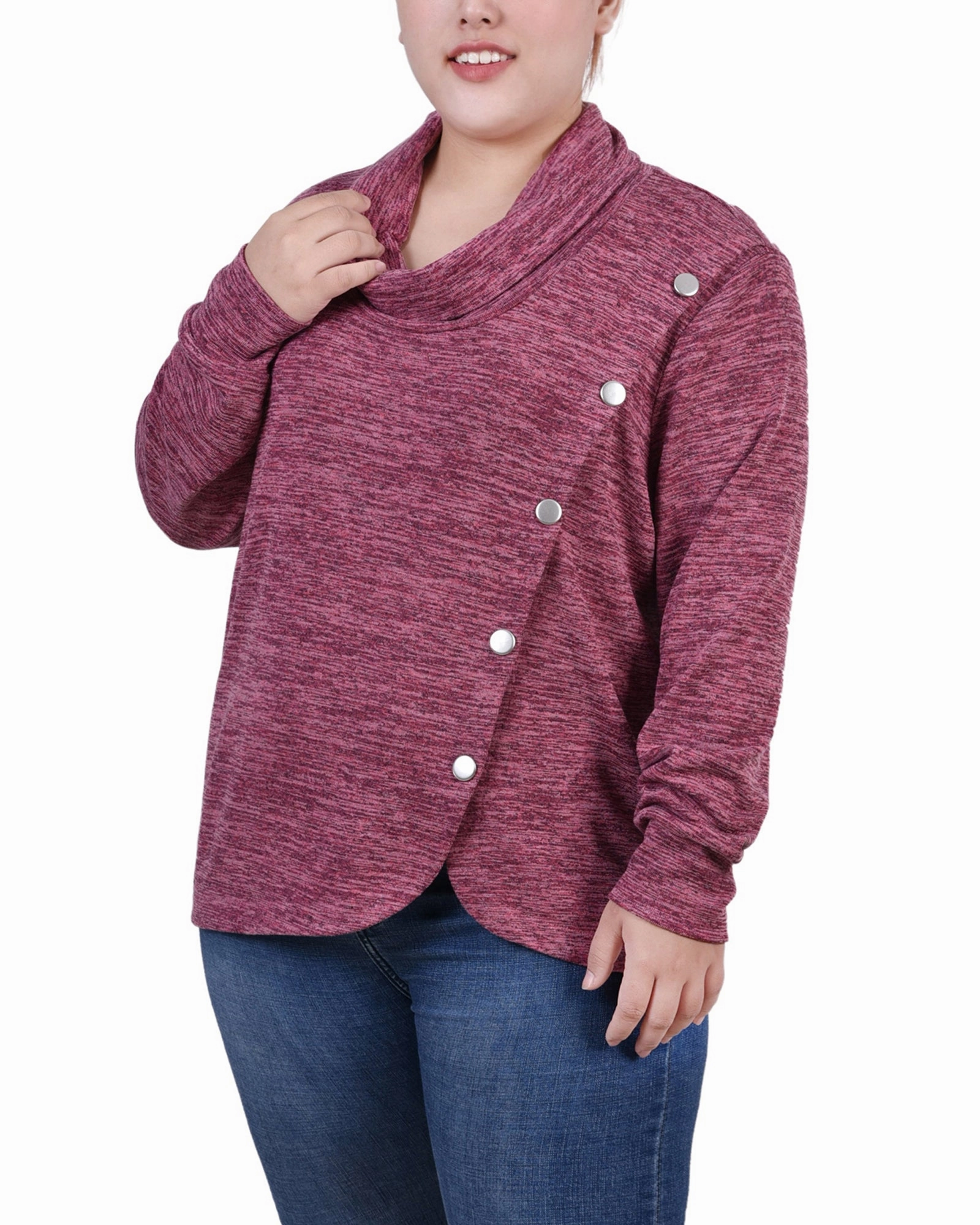 Plus Size Long Sleeve Overlapping Cowl Neck Top Hidden Zipper Closure