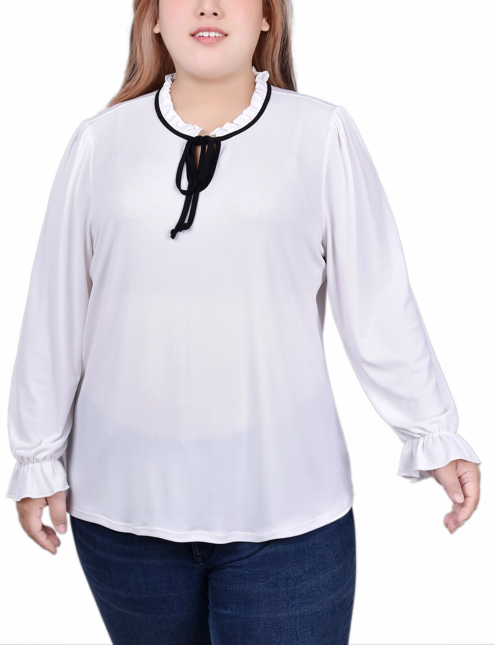 Variable Tension Adjustment Plus Size Long Sleeve Tie Neck Top