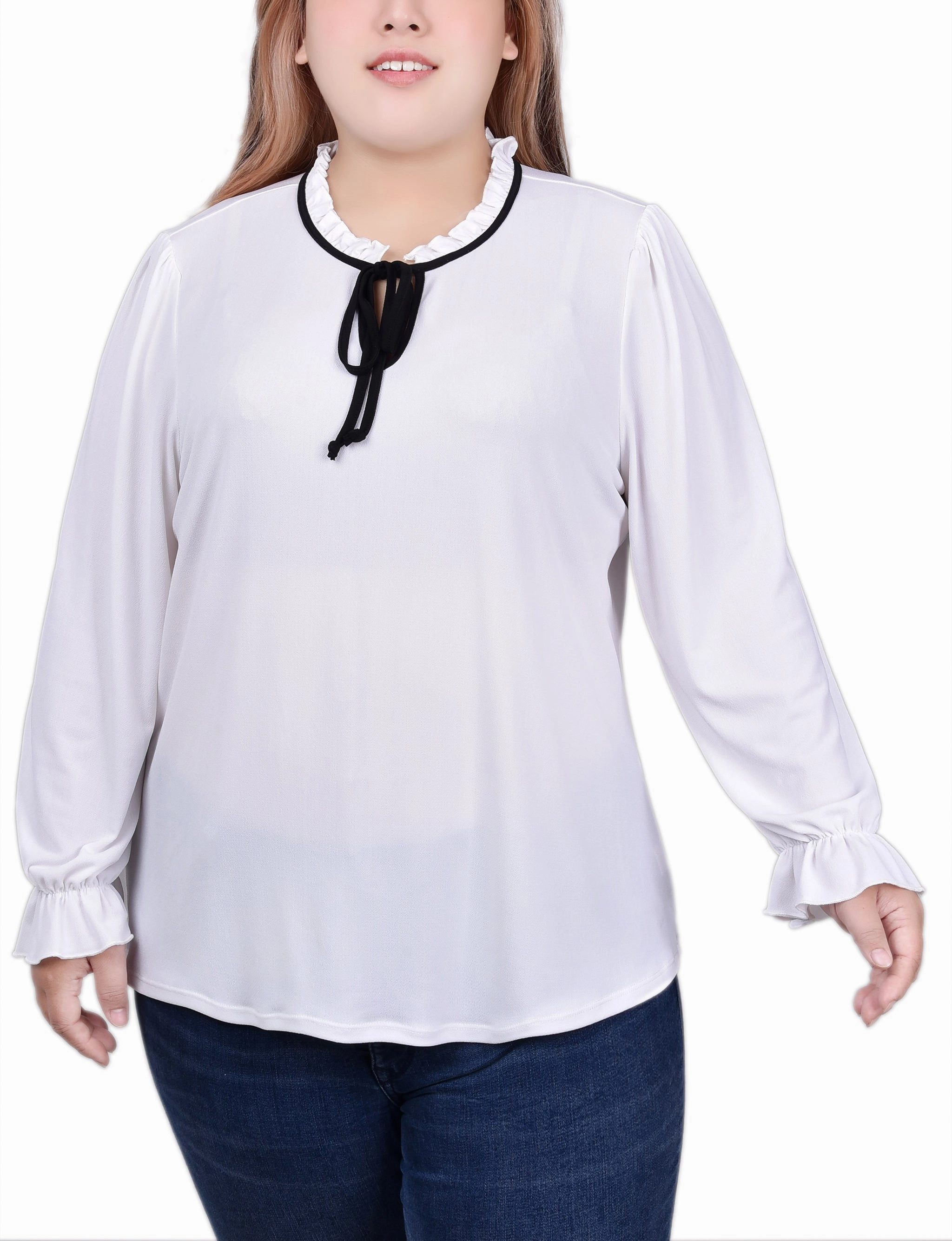 HeatPressedLogos Modern Polo Plus Size Long Sleeve Tie Neck Top
