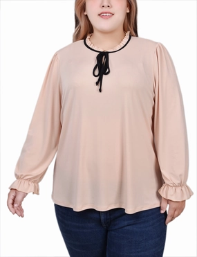 Daily Wear Plus Size Long Sleeve Tie Neck Top