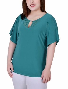 EcoFriendlyTexture Adjustable Cuffs Plus Size Mesh Flutter Sleeve Knit Top