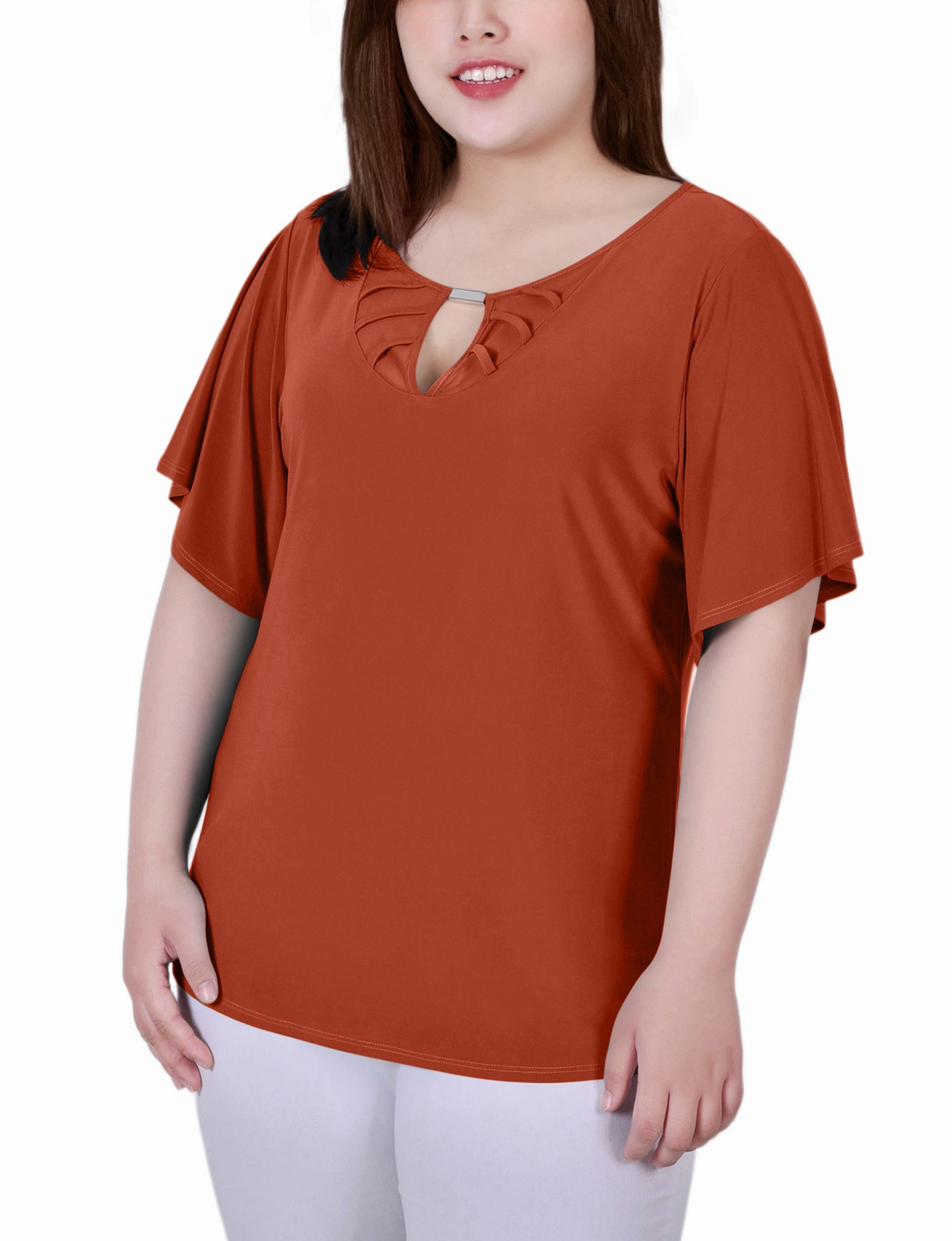 BambooBlend UVProtection Coating Plus Size Mesh Flutter Sleeve Knit Top