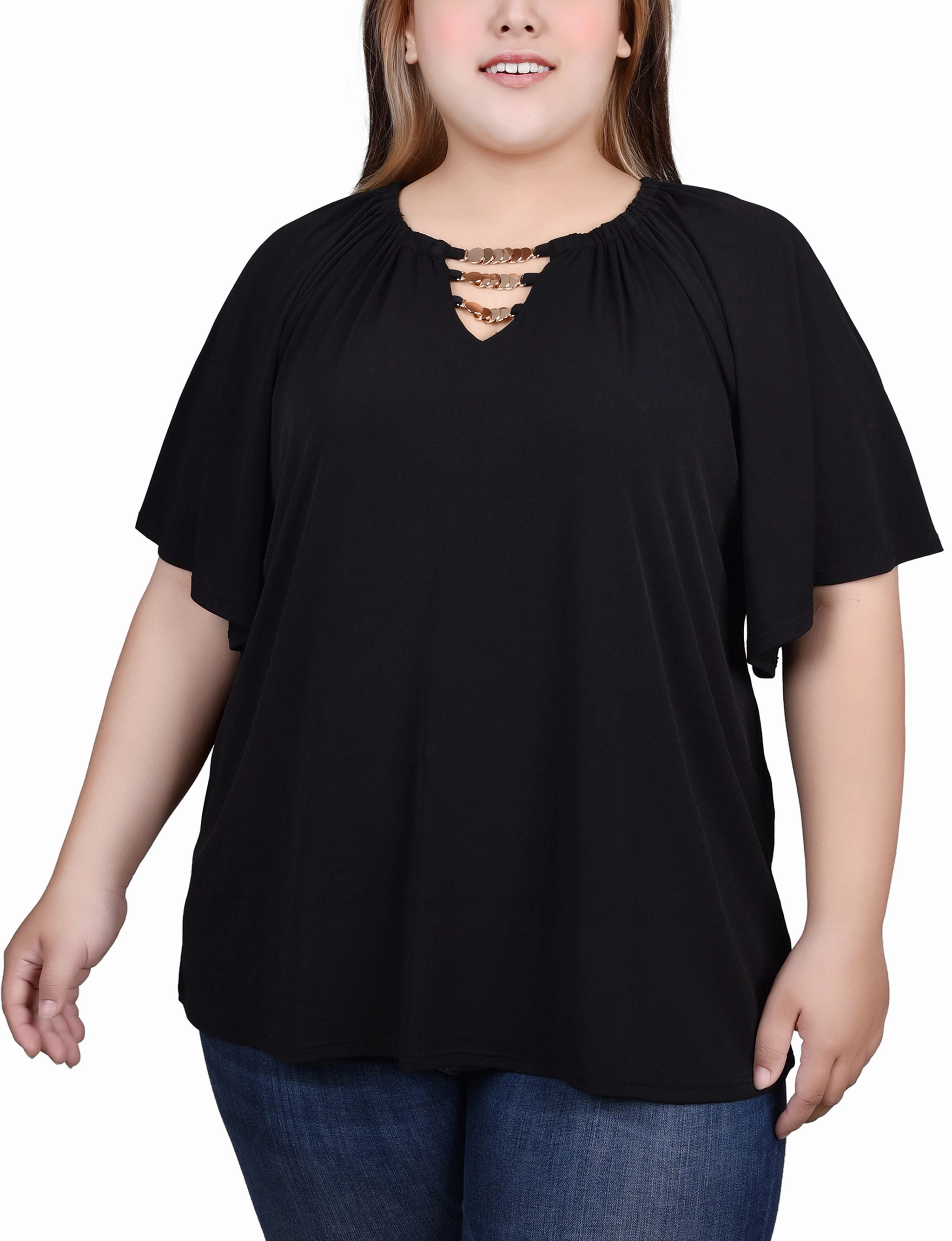 Plus Size Raglan Sleeve Top With Chain Details Abrasion Resistant Surface Easy Fit