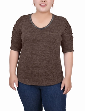 LongLastingDurability UPF Protective Fabric Plus Size Rouched Sleeve Top