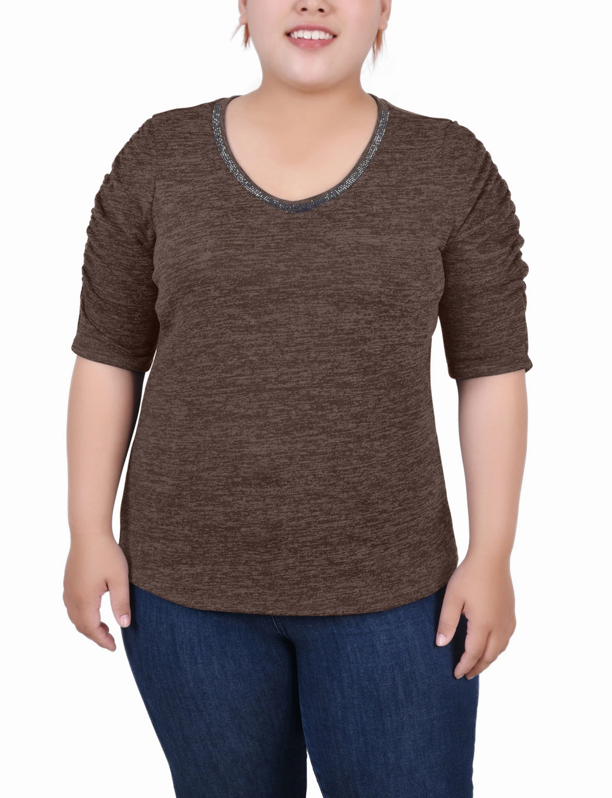 LongLastingDurability UPF Protective Fabric Plus Size Rouched Sleeve Top