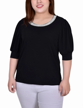 DoubleNeedle Stitching MultiPurposeUtility Plus Size Short Beaded Puff Sleeve Top