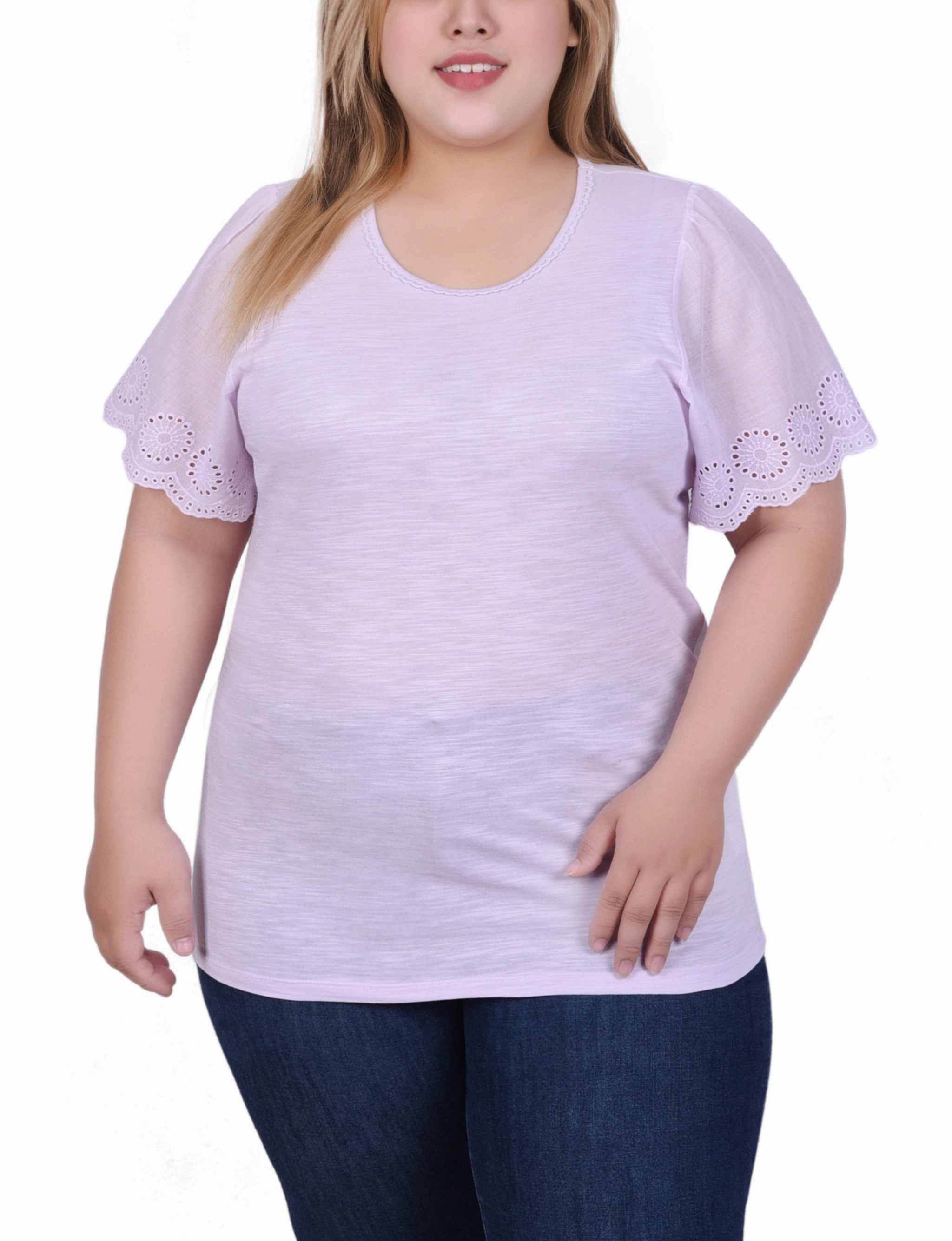 Plus Size Short Flutter Eyelet Sleeve Top Fun Design Non Irritating Seam Finish