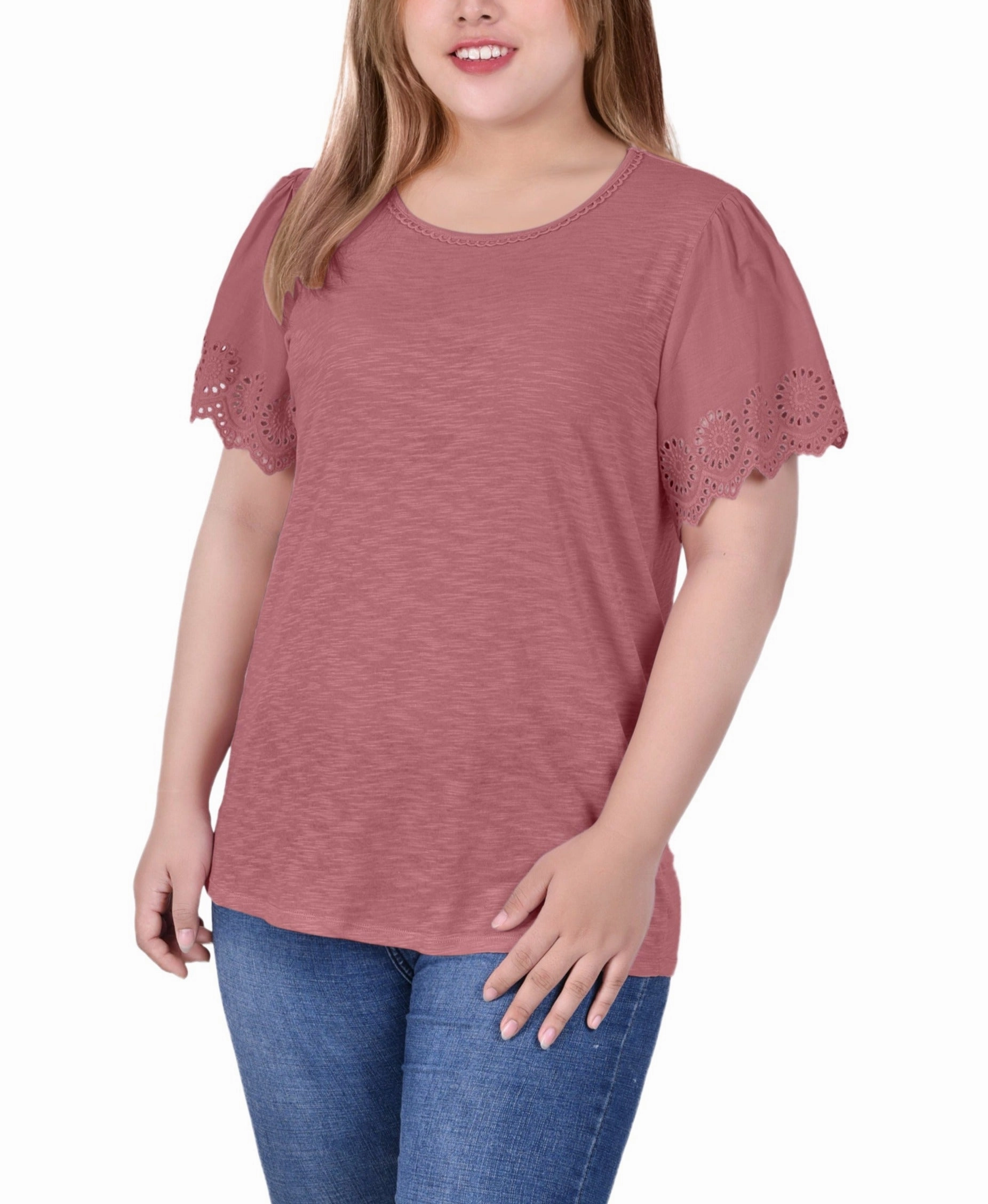 Plus Size Short Flutter Eyelet Sleeve Top Workout Apparel
