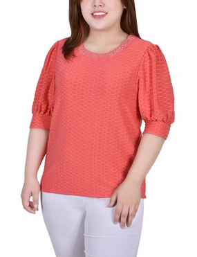 Plus Size Short Puff Sleeve Honeycomb Top Low Impact Manufacturing