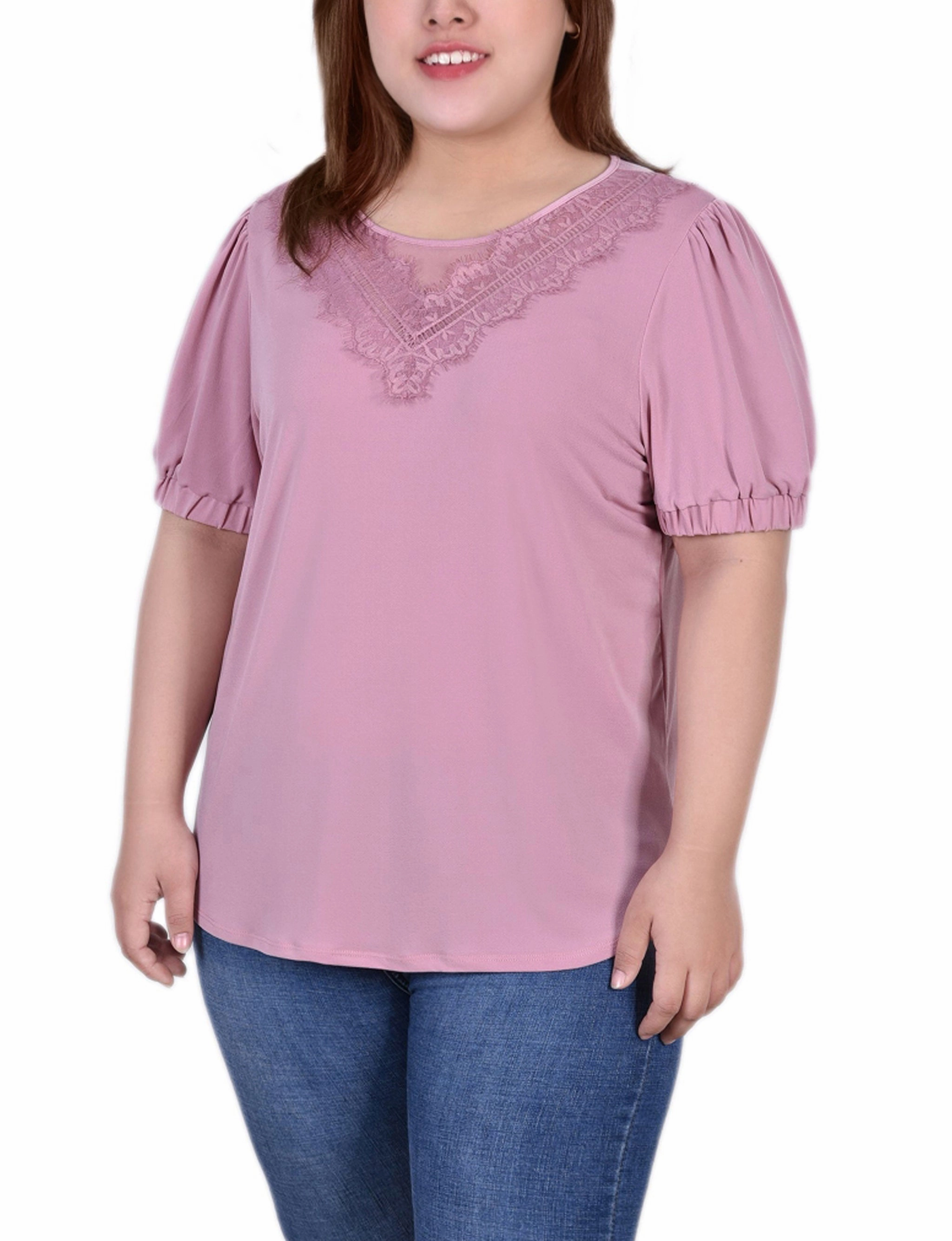 Plus Size Short Puff Sleeve Top With Lace LayeredNeckline