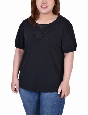 Plus Size Short Puff Sleeve Top With Lace Classic Tank Non Iron Fabric