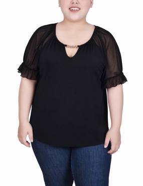 FullCut Shoulder Plus Size Short Ruffle Sleeve Top With Rhinestones