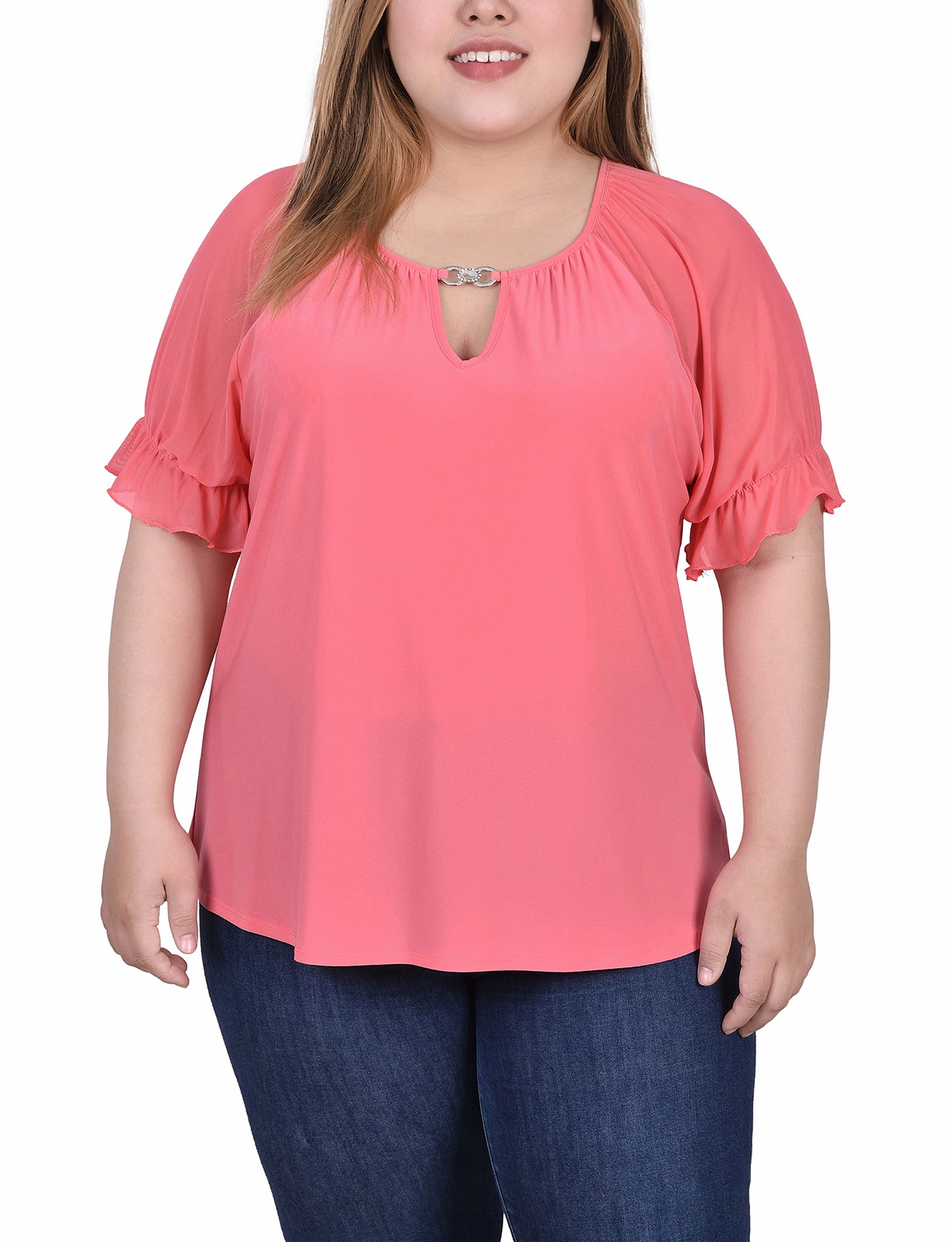 Convertible Sleeve Adaptation Plus Size Short Ruffle Sleeve Top With Rhinestones