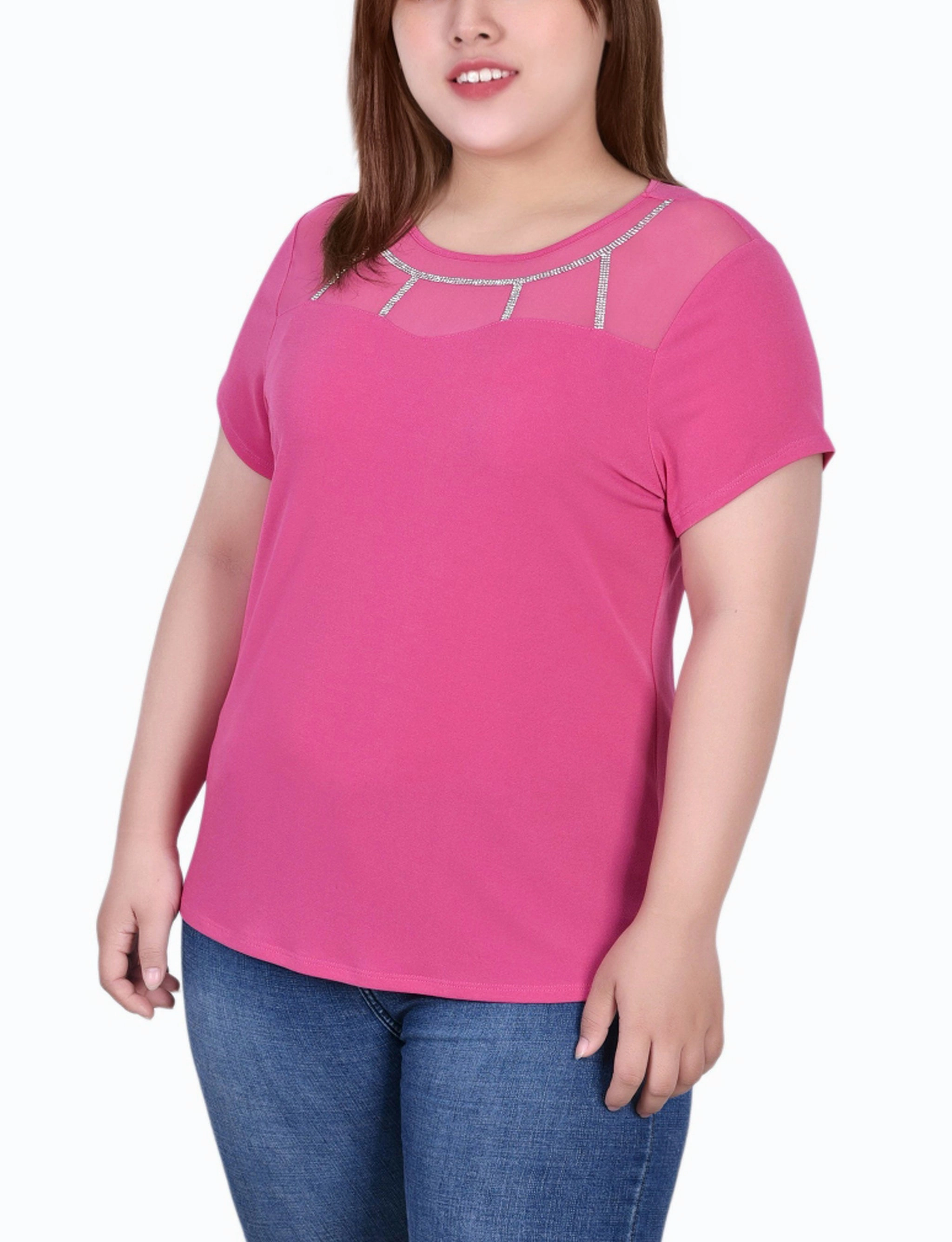 Plus Size Short Sleeve Crepe Top With Stone Details Reinforced Hemline MeshPanel