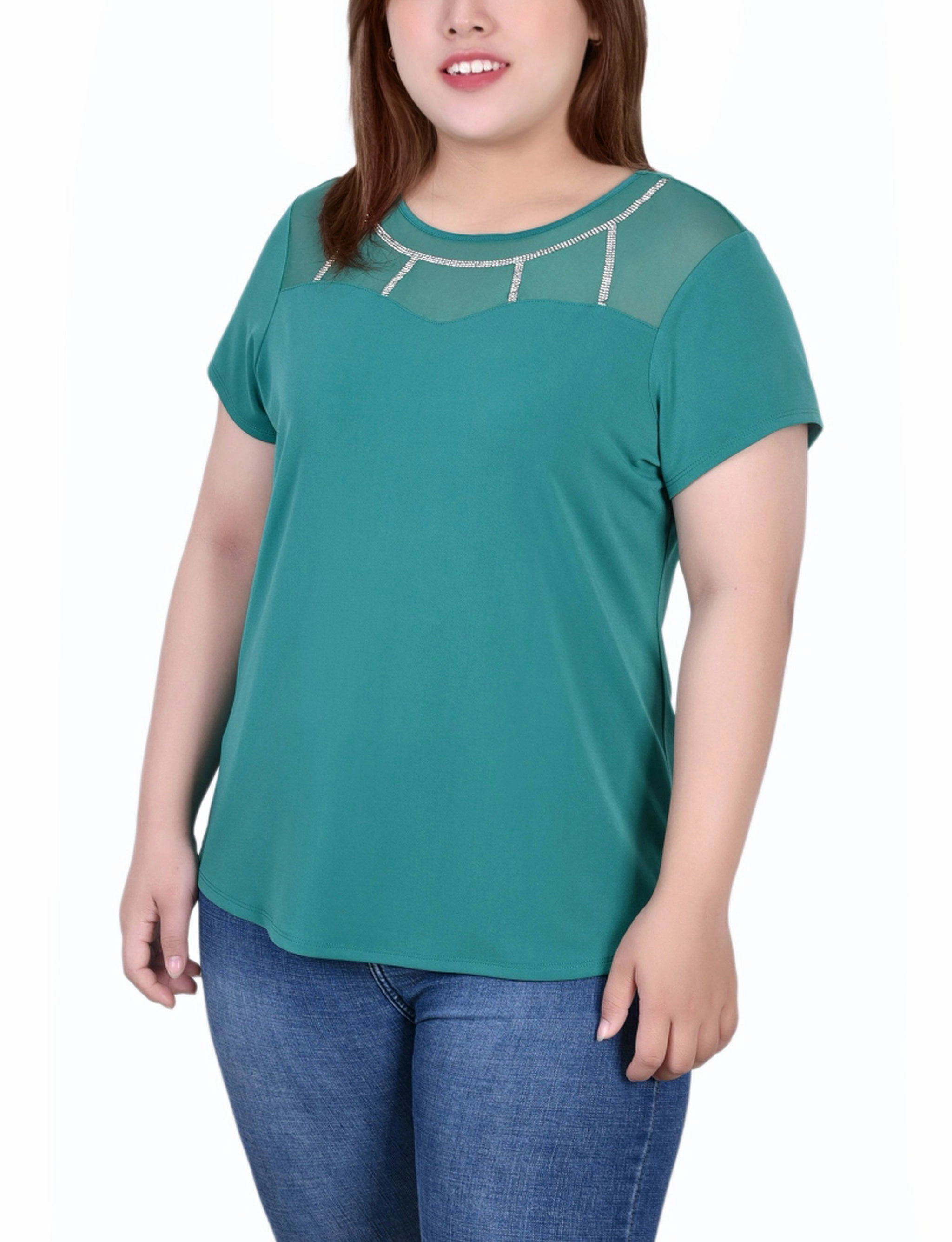 Plus Size Short Sleeve Crepe Top With Stone Details Bluesign Approved Material NeutralPalette