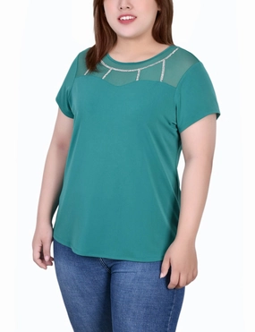 TaglessNecklineComfort Plus Size Short Sleeve Crepe Top With Stone Details