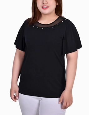 Plus Size Short Sleeve Knit Top With Sheer Inset Comfortable Fabric BondedShoulder