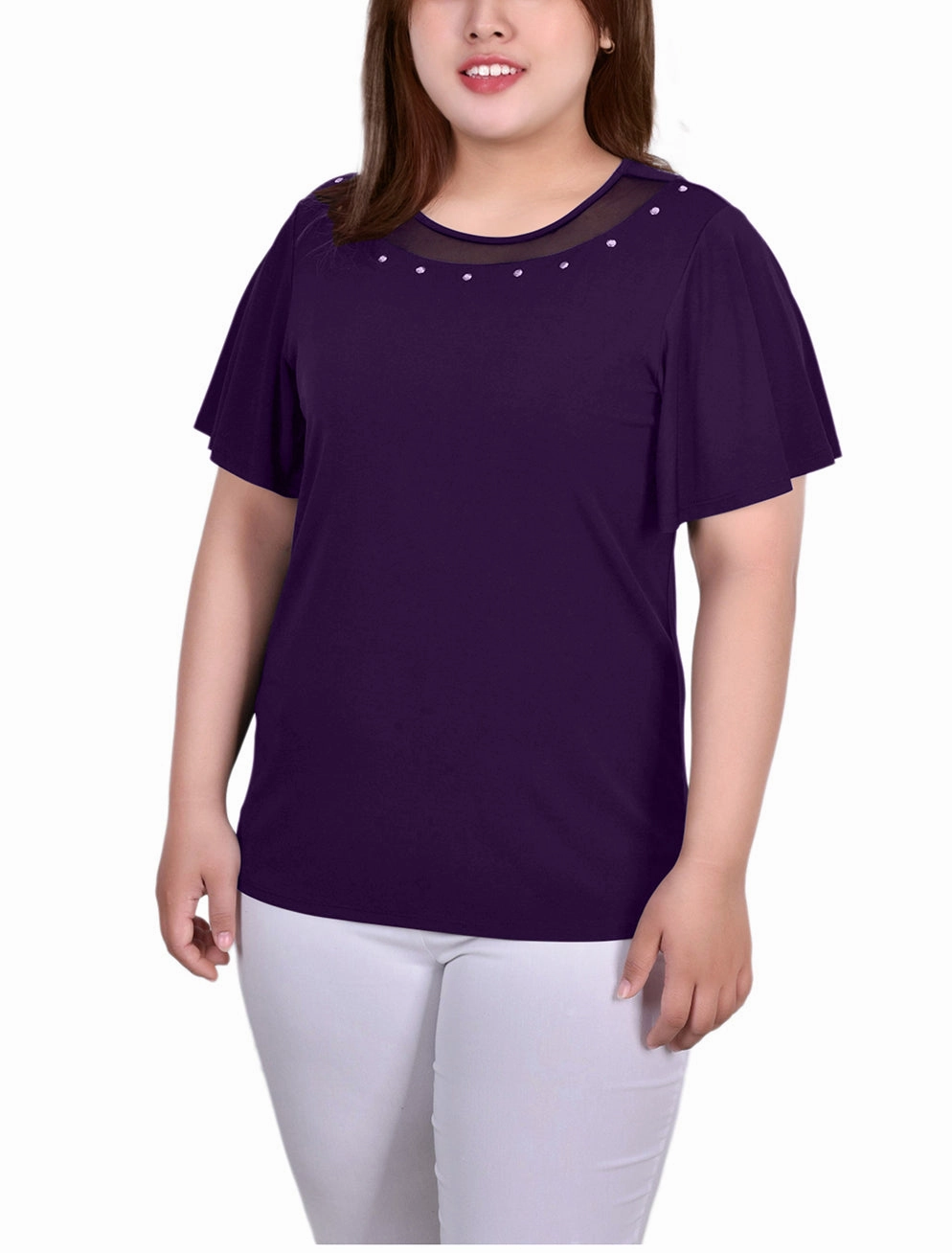 Plus Size Short Sleeve Knit Top With Sheer Inset Light Fabric FlatlockSeams