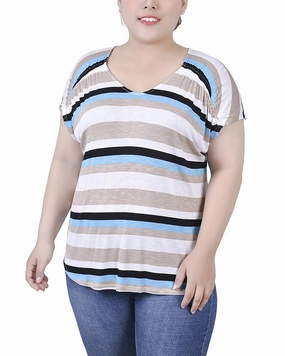 Plus Size Short Sleeve Striped V Neck Top FlatlockSeamTechnique QuickRelease Closures
