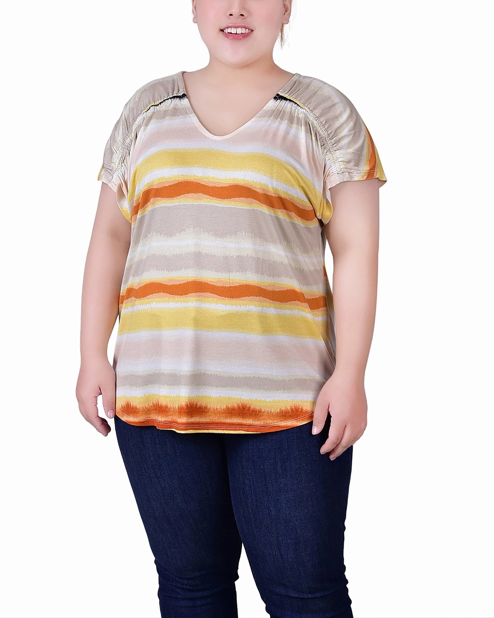 Drop Shoulder Plus Size Short Sleeve Striped V Neck Top