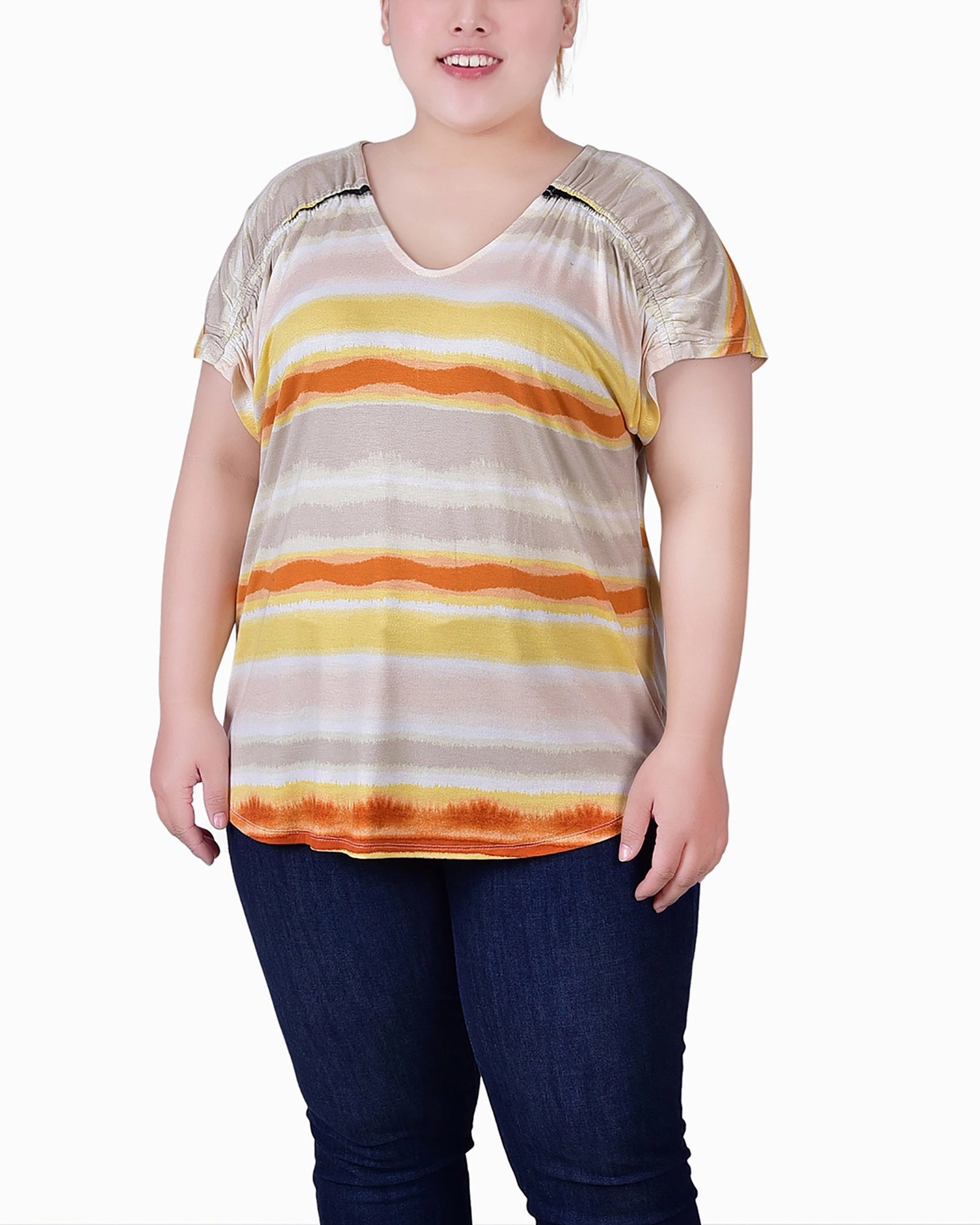 ZipperedPockets TaglessLabel Plus Size Short Sleeve Striped V Neck Top