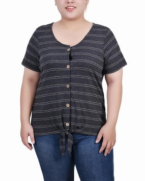 Plus Size Short Sleeve Tie Front Top LayeredPanel Machine Washable Fabric