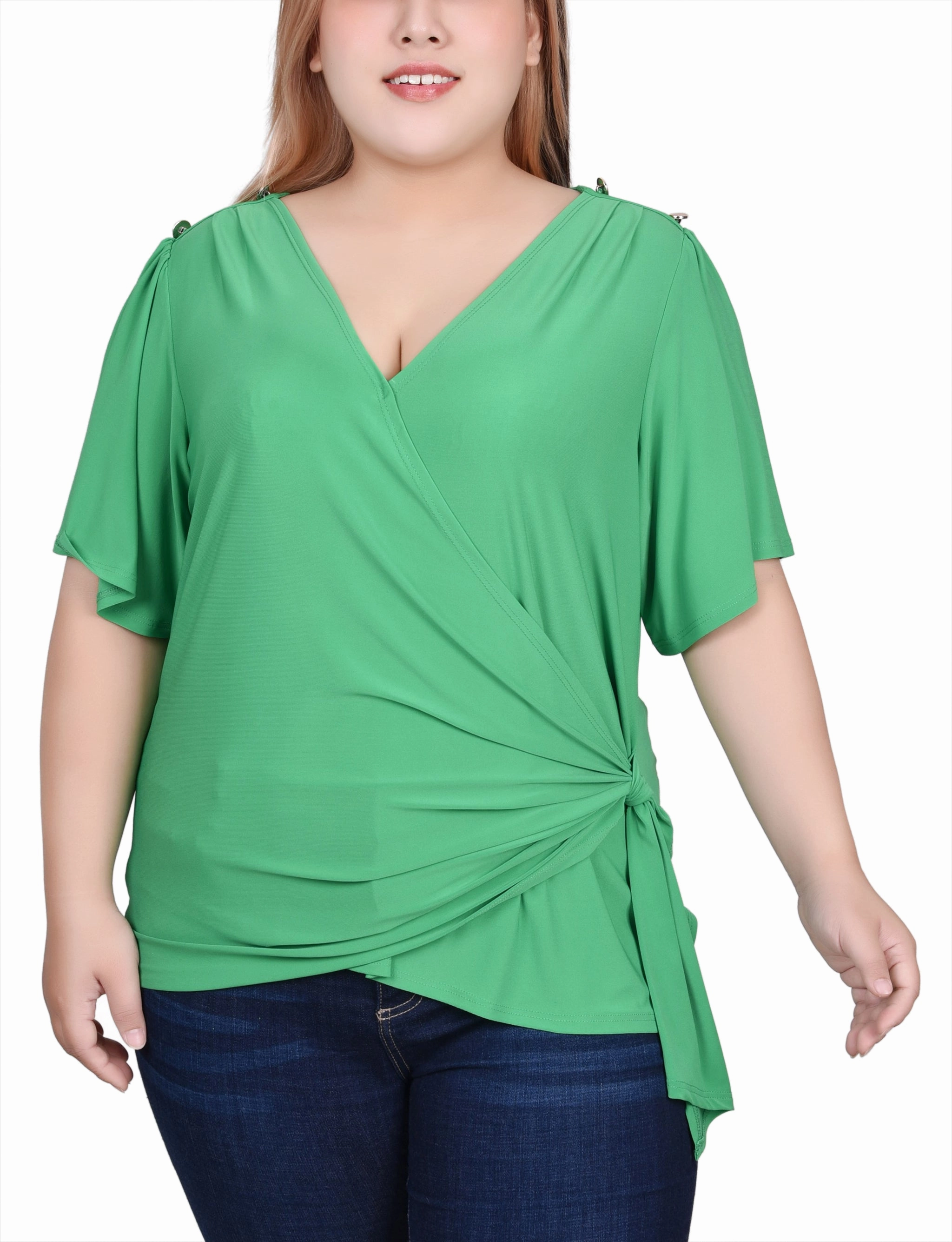 Plus Size Short Sleeve Wrap Top Tapered Side Panels