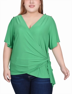 Plus Size Short Sleeve Wrap Top Tapered Side Panels