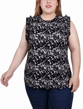 Non Irritating Seams Plus Size Sleeveless Crepe Top With Chiffon Ruffles