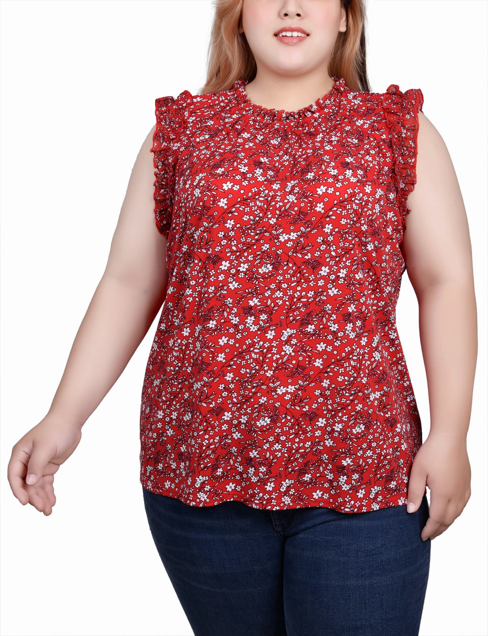 Plus Size Sleeveless Crepe Top With Chiffon Ruffles FlexibleCollar LowProfileZipperSystem