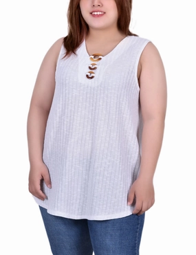 Plus Size Sleeveless Ribbed Top With Triple Rings Snag Proof Weave Compression Fit Technology