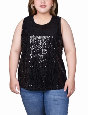NonChafing Fabric YarnDyed Stripes Plus Size Sleeveless Sequined Tank Top With Combo Banding