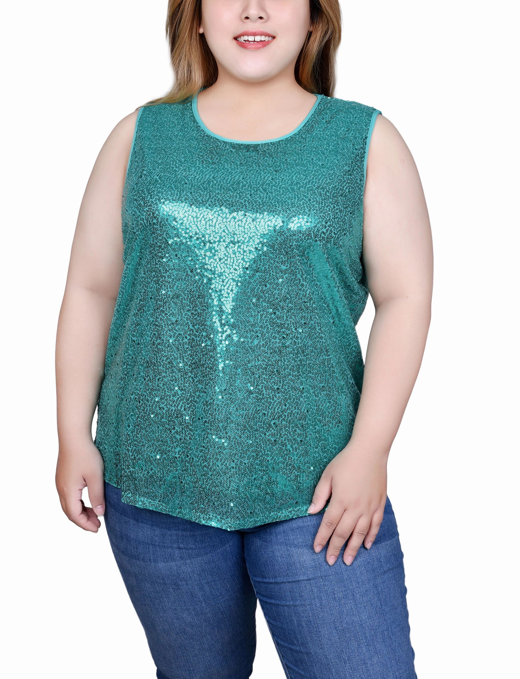 HighStretch Tunic top Plus Size Sleeveless Sequined Tank Top With Combo Banding