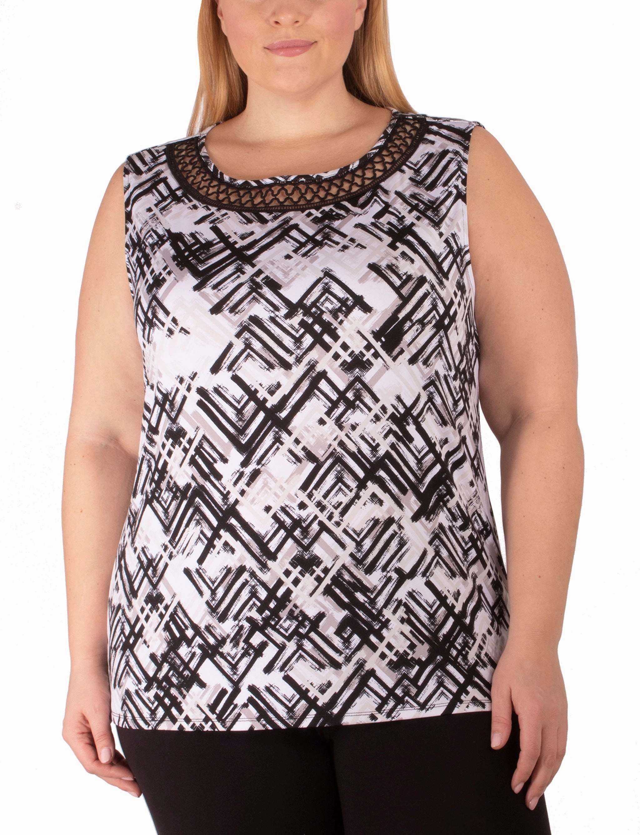 Plus Size Sleeveless Top With Crochet Neckline SheerLayering