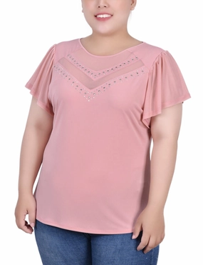 Plus Size Studded Short Flutter Sleeve Top With Mesh Details All Weather Performance Fabric HighNeck